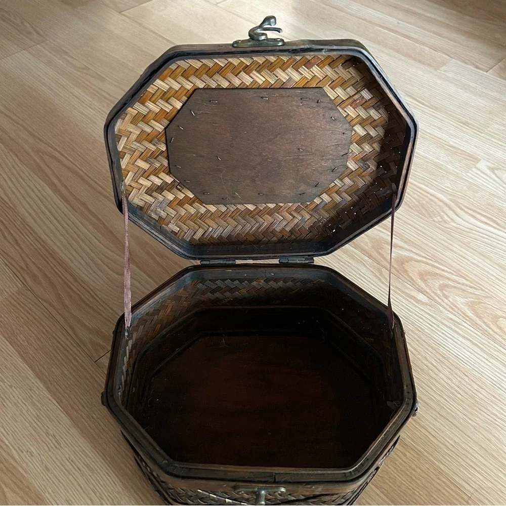 Vintage Wicker Metal Woven Decorative Chest Basket